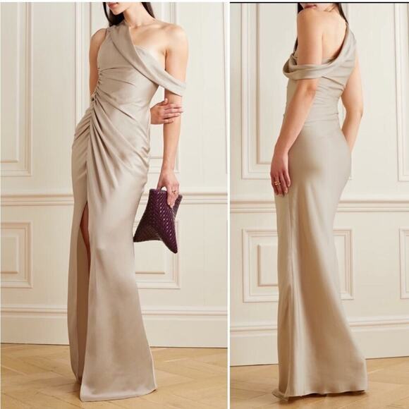 NWT Jonathan Simkhai Sahar One Shoulder Satin Column Gown in Almond - Picture 1 of 5